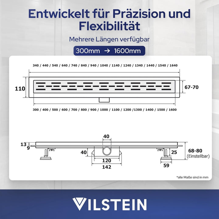VILSTEIN Duschrinne 110cm, Edelstahl Bodenablauf Komplettset, extra flach, Siphon mit Geruchsstop, H