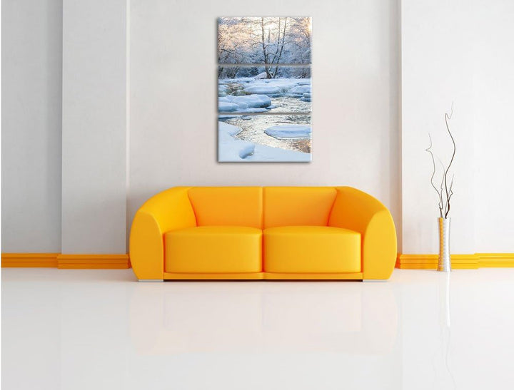 Pixxprint Bach in Winterlandschaft 3-Teiler Leinwandbild 120x80 Bild auf Leinwand