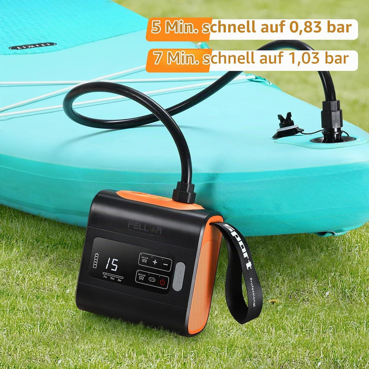 PELLOR Elektrische SUP Pumpe, 22 PSI Tragbare SUP Luftpumpe mit Akku, zweistufiges Aufblasen und Ent