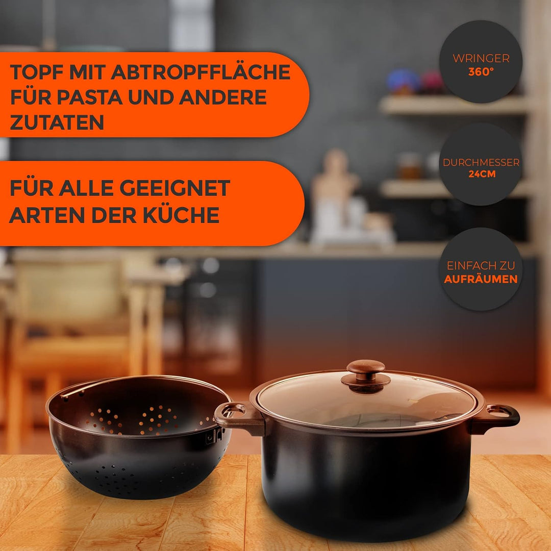Olla Para Pasta con Escurridor | 24 CM de Diámetro | Tapa de Vidrio | Escurridor 360º | Para Todo Ti