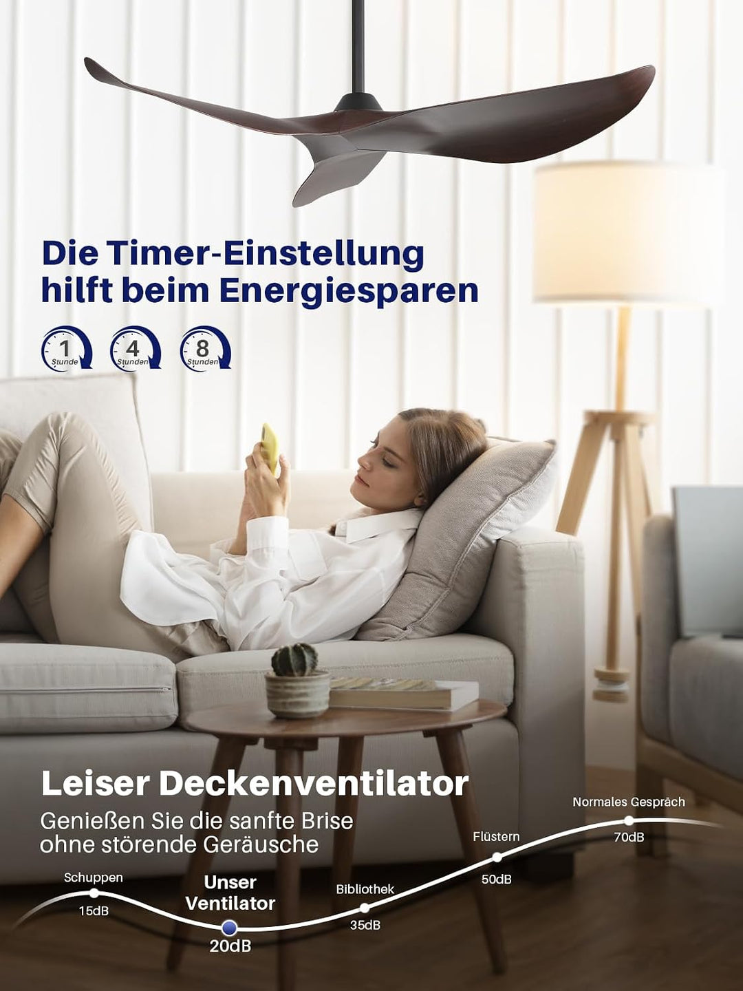 Sofucor Deckenventilator mit Fernbedienung,132cm Leise Deckenventilator ohne Licht, DC Motor, Timer,