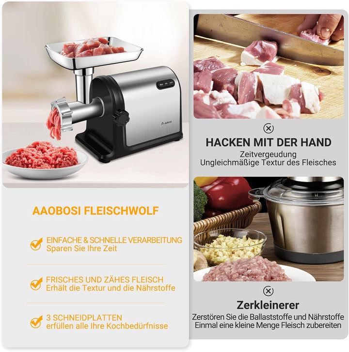 AOBOSI 3-In-1 Fleischwolf Elektrisch Mit 3 Edelstahl-Schleifplatten,1 Kubbe &amp; 3 Wurstfüllrohren, [30