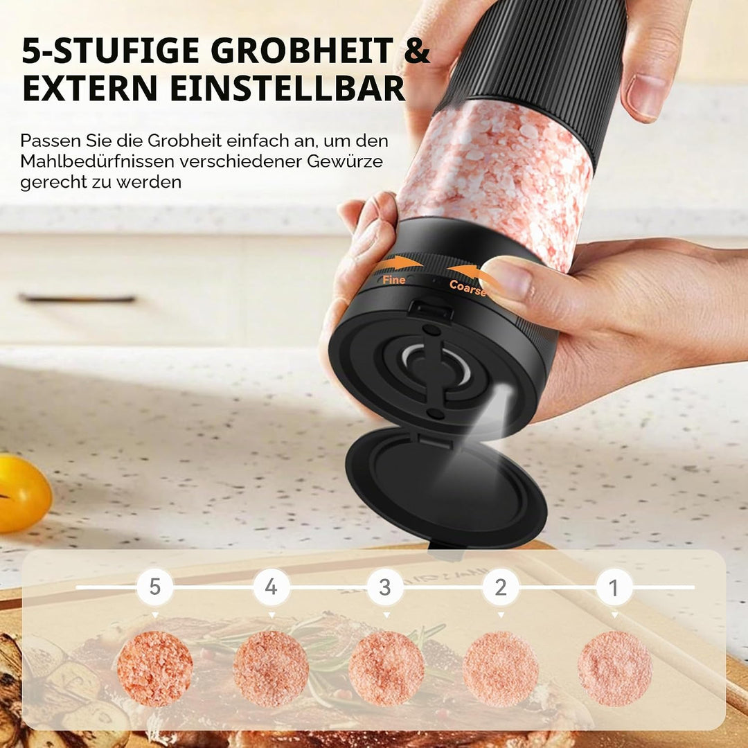 AMOSA Salz Und Pfeffermühle Elektrisch Set, 5 Externe Mahlgrade Einstellba Schwarz, Schwarz