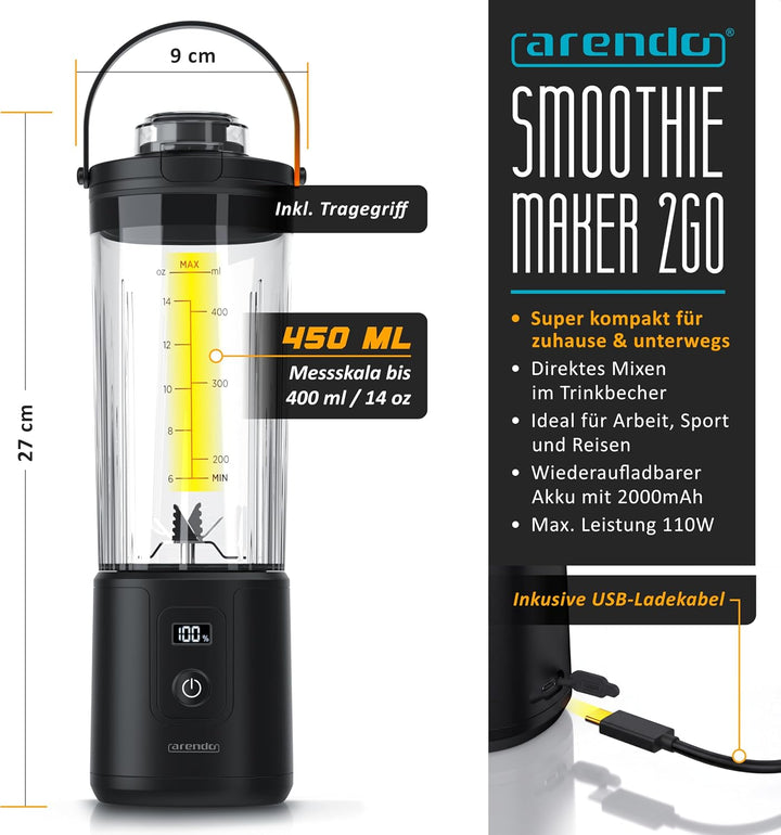 Arendo - Smoothie Maker to Go - Eiweiss Shaker elektrisch 450ml – Protein Shaker mit Akku - BPA frei