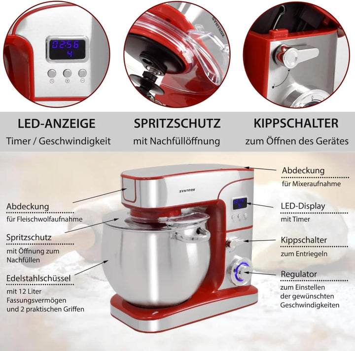 Syntrox Germany Küchenmaschine Snofru Edelstahl 12 Liter Küchengerät &amp; Fleischwolf, Multi-Funktions-