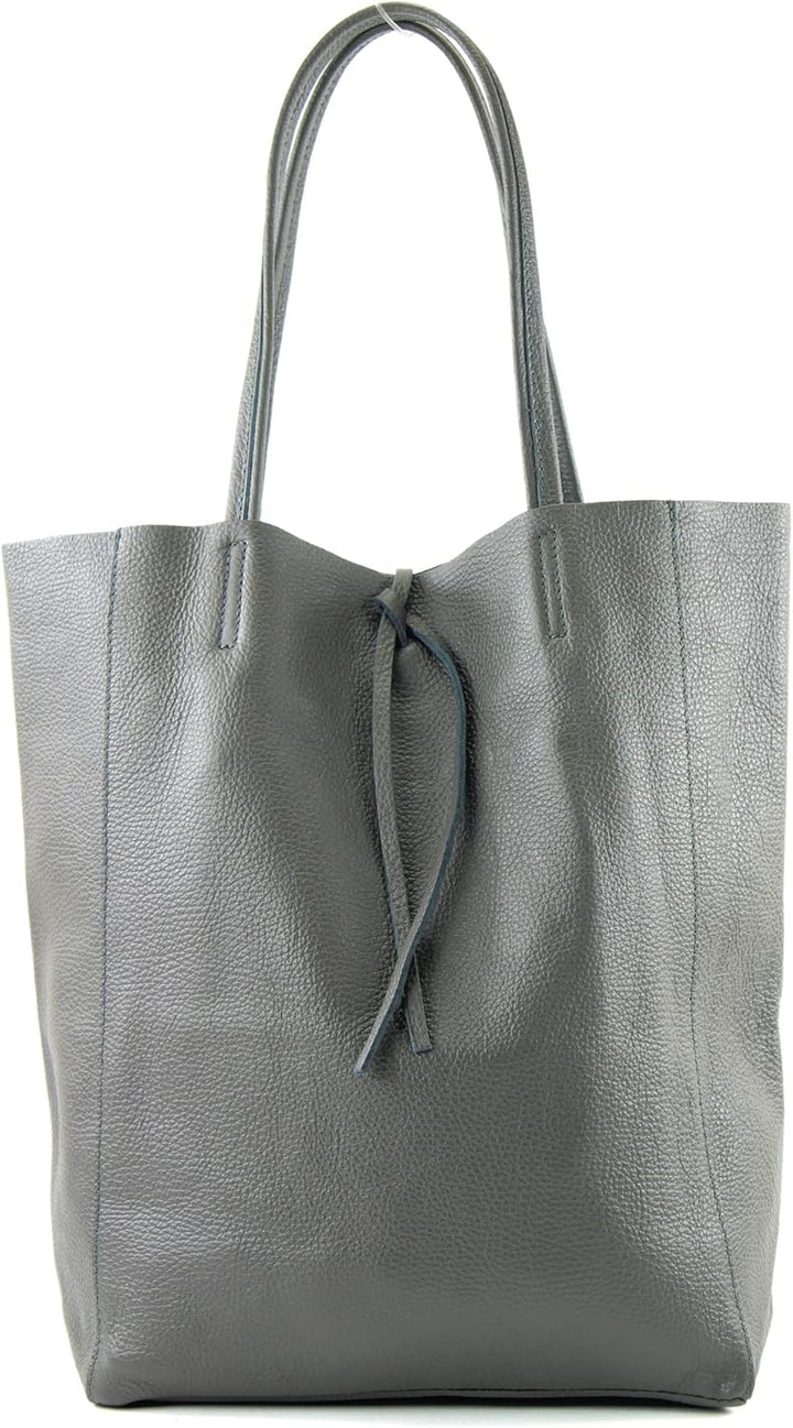modamoda de - T163 - Ital. Shopper Large mit Innentasche aus Leder Dunkelgrau, Dunkelgrau