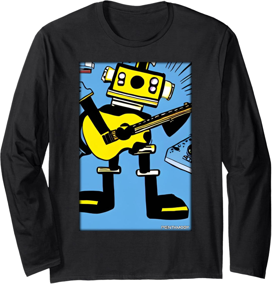 Roboter Gitarre Comic Zukunft Wissenschaft Sci-Fi Maschine Langarmshirt