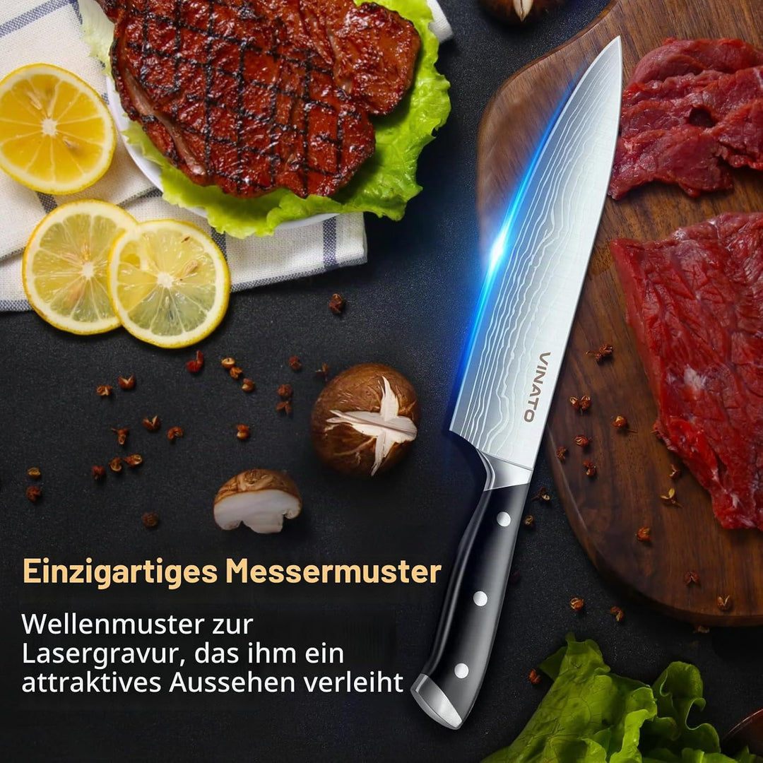 VINATO Messerblock, 14-TLG Messerblock mit Schärfer, Küchenmesser-Set mit Damast Optik, Messerblock