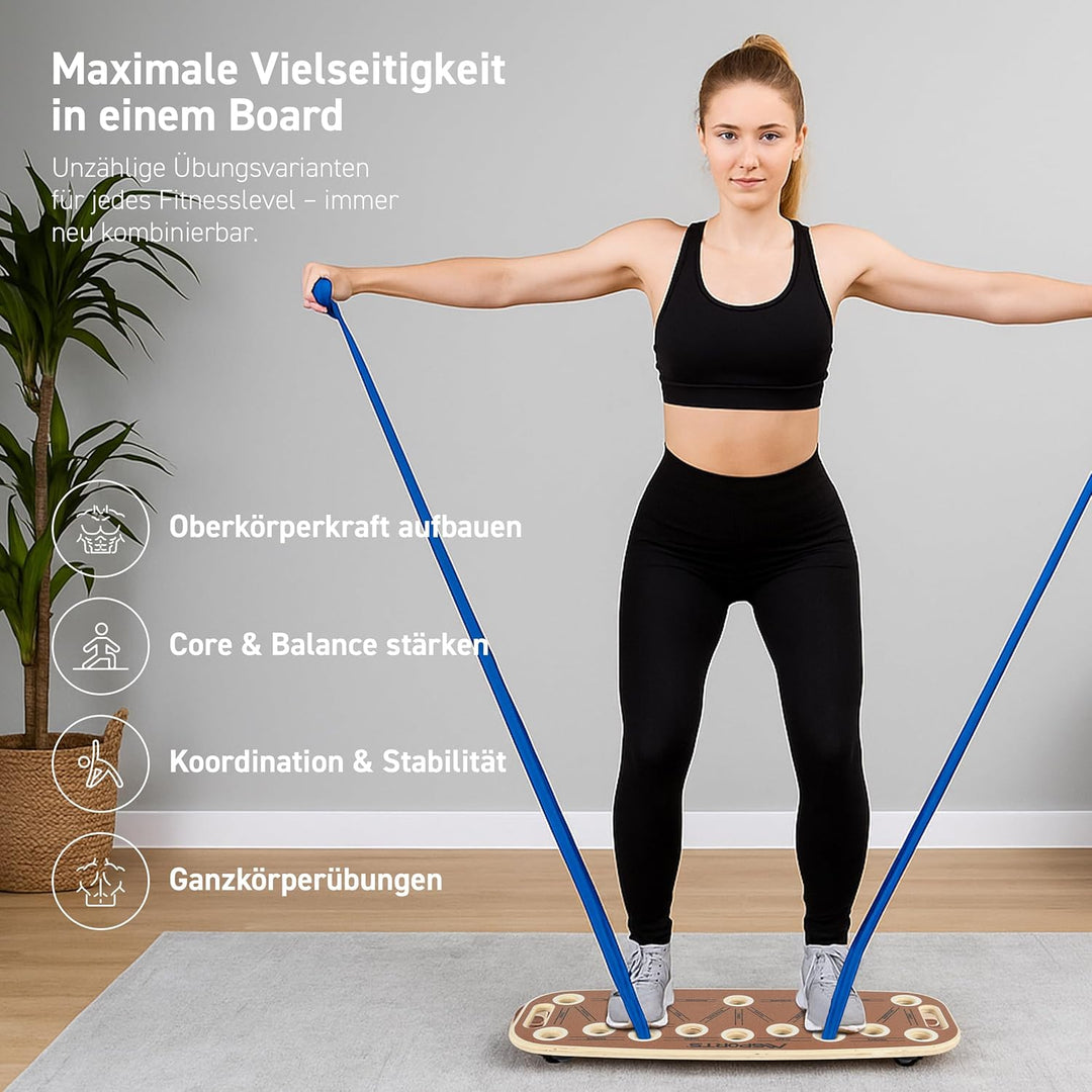 MSPORTS Push-Up Board Holz Premium mit Rolle – Multifunktionales Liegestützbrett für Core, Balance &amp;