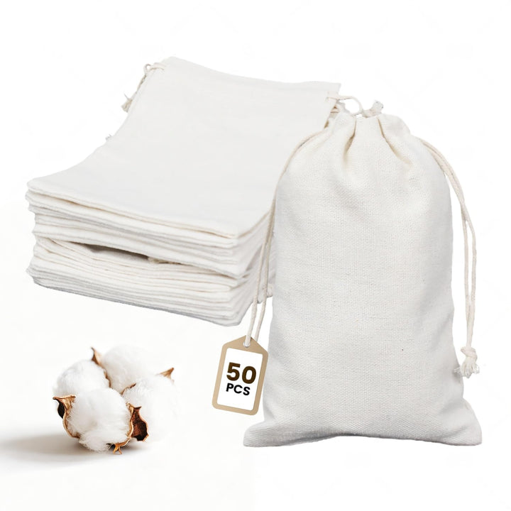 OFFASST 50 Stück 10x15cm Baumwollsäckchen zum Befüllen mit Zugband, kleine Stoffbeutel, DIY Geschenk