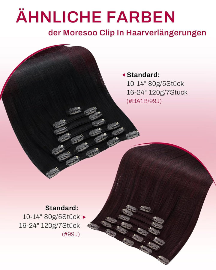 Moresoo Clip in Extensions Echthaar Balayage Schwarz bis Weinrot Remy Echthaar Extensions Clip in Do