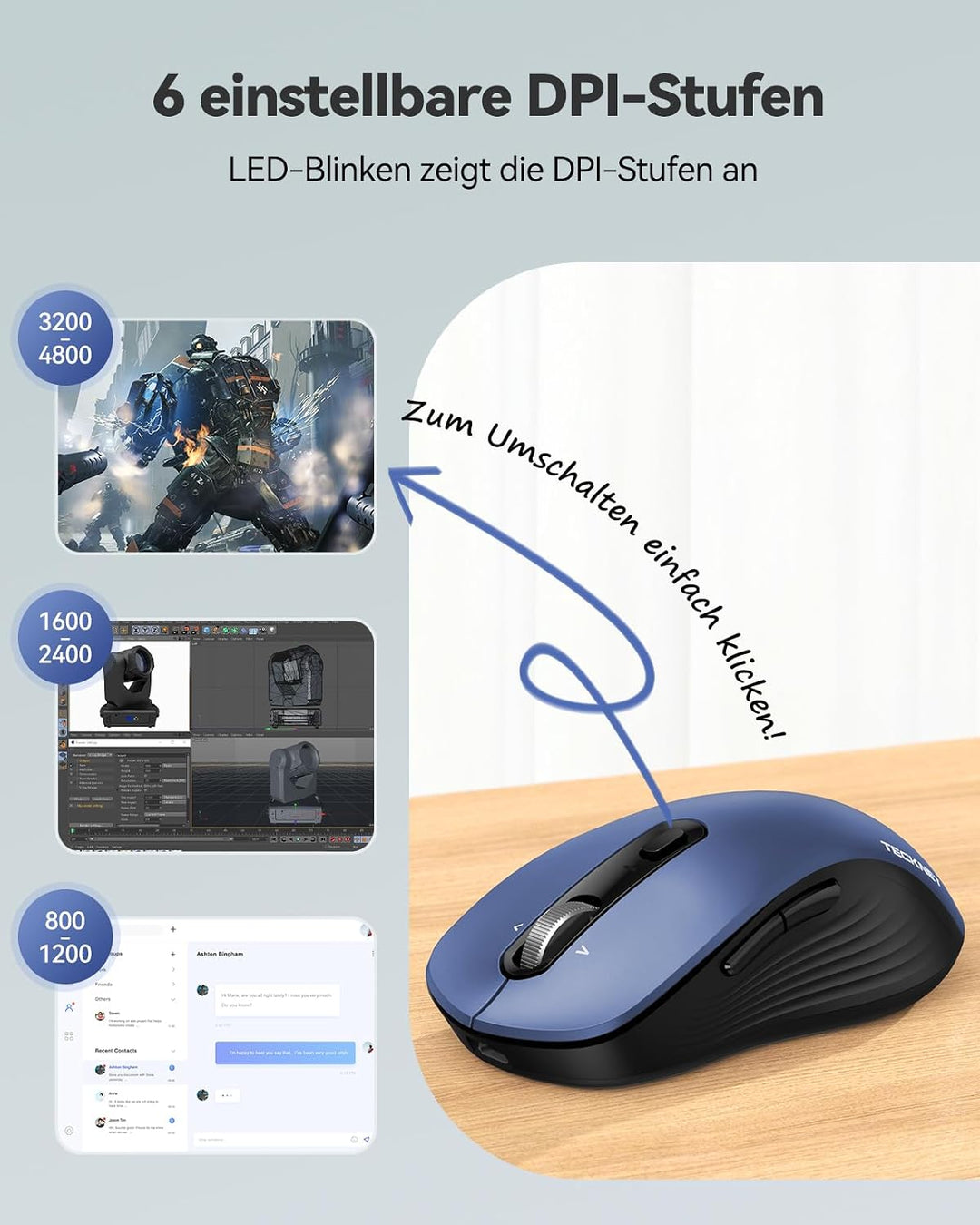 TECKNET Bluetooth Maus Kabellos, Wiederaufladbare Funkmaus mit 4-Wege-Scrollrad, 4800 DPI 6 Stufen,