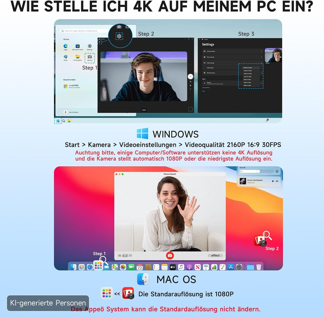 AOC 4K Webcam mit Mikrofon, Autofokus, Automatische Lichtkorrektur, 99° Ansicht, Objektivabdeckung,