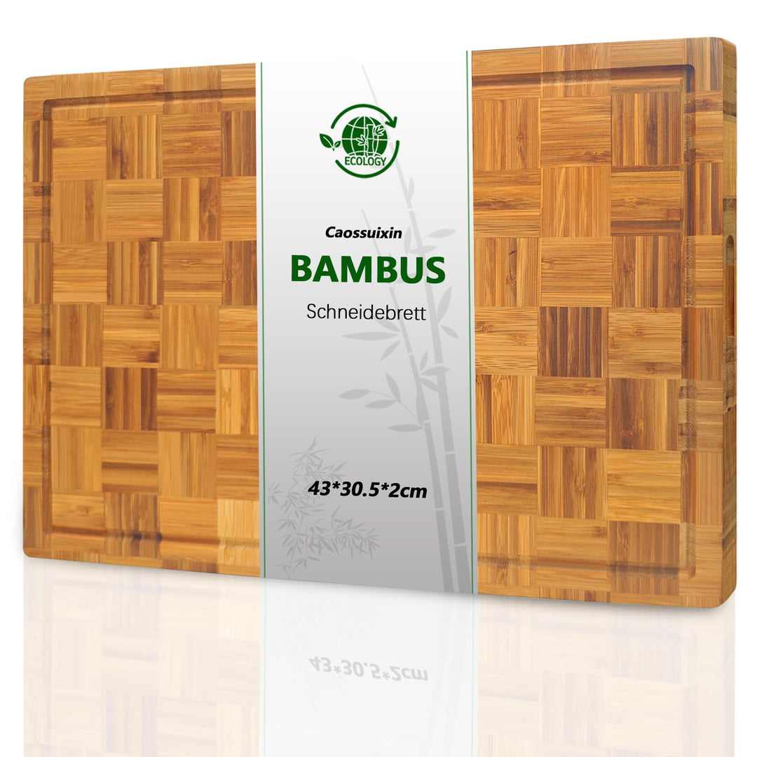 Caossuixin Large Schneidebrett Holz mit Saftrutsche(43x30.5x2cm), 100% Bambus Schneidebretter Holz,