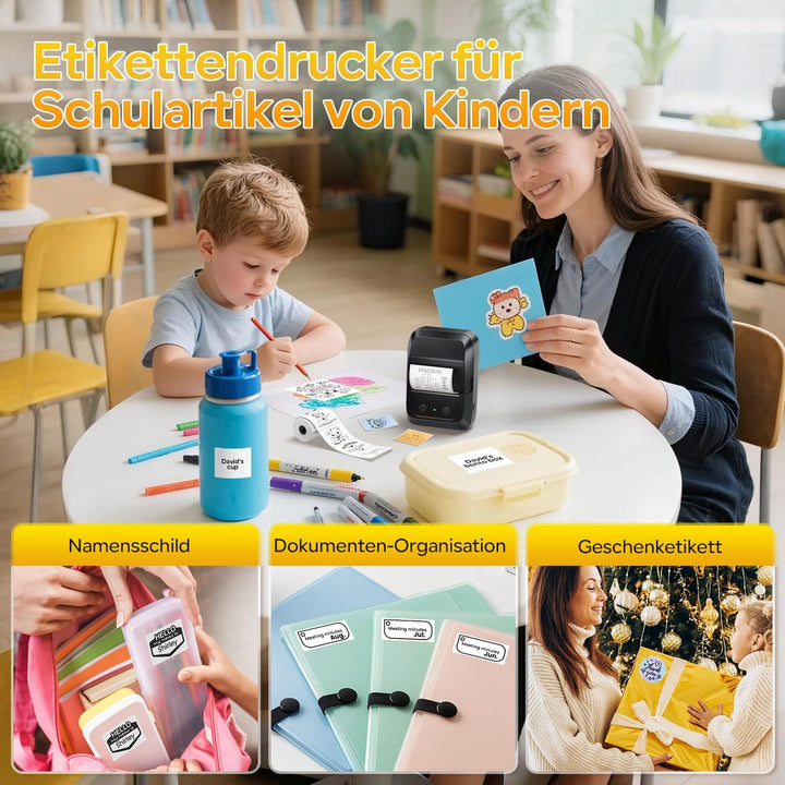 Memoking Etikettendrucker Selbstklebend, Bluetooth Label Printer mit 2000 Symbolen und 300 Vorlagen,