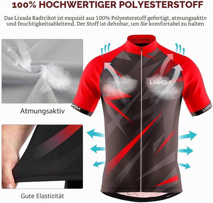 Lixada Kurzarm Radtrikot Herren Atmungsaktives Sommer Kurzarm-Bike-Shirt und Radhose gepolsterte Sho