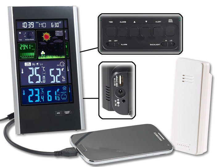 infactory Wetterstation mit Strom: Funk-Wetterstation mit Aussensensor, Wecker &amp; USB-Ladeport (2 Amp