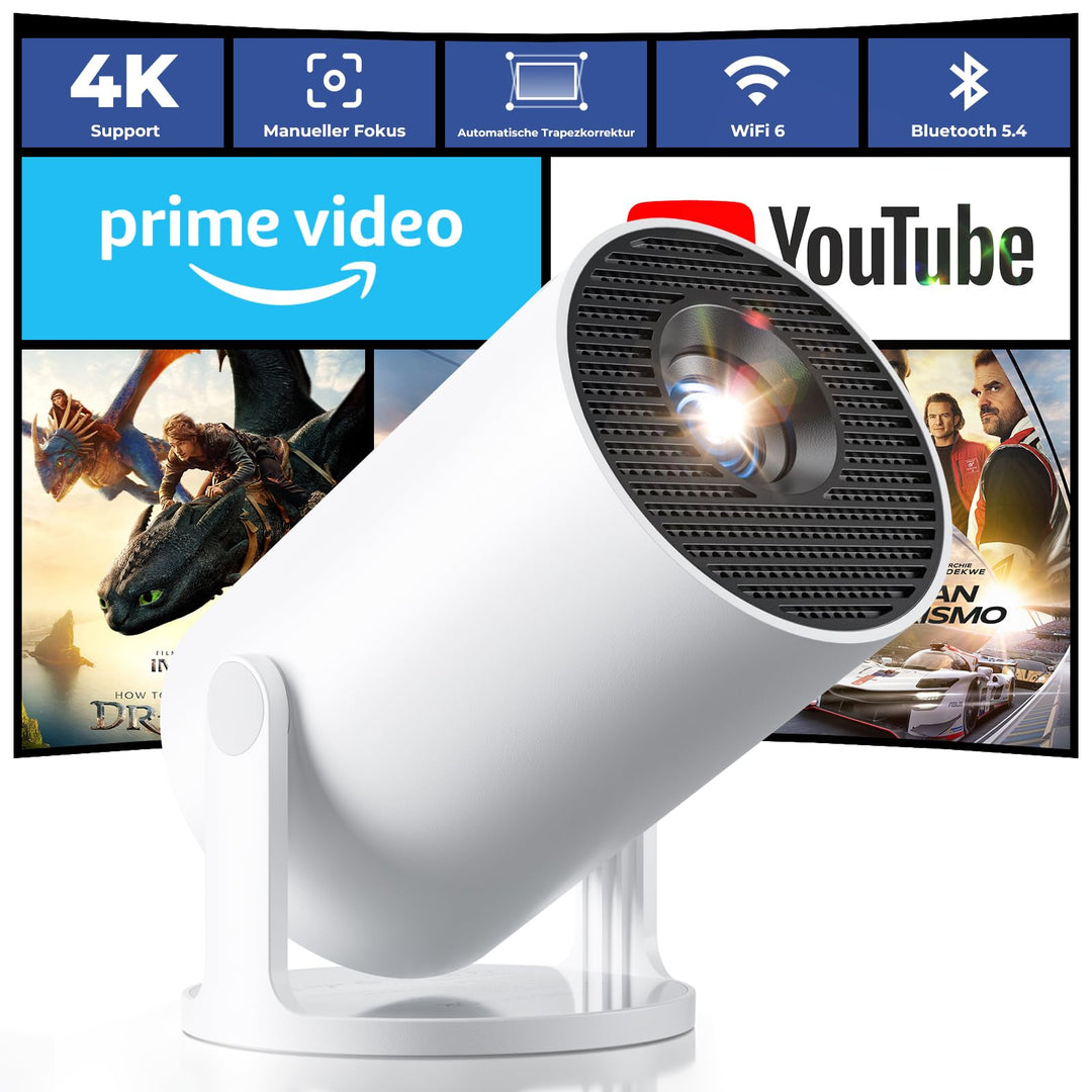 Mini Beamer 4K Unterstützt, 2026 Neuer Beamer Integrierte APP, 20000 Lumens mit Android 14, Automati