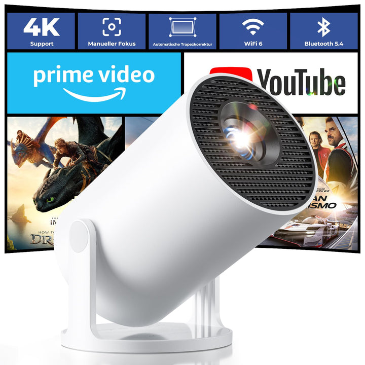 Mini Beamer 4K Unterstützt, 2026 Neuer Beamer Integrierte APP, 20000 Lumens mit Android 14, Automati