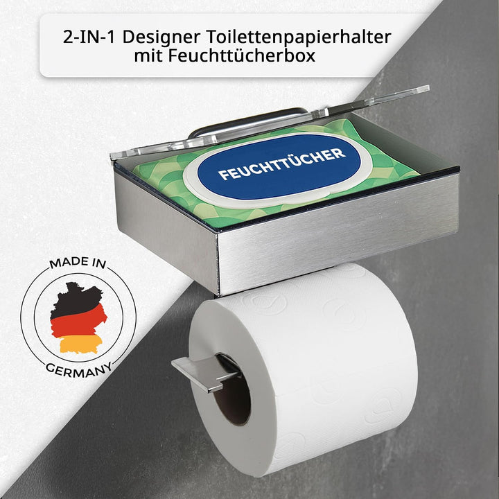 Toilettenpapierhalter mit Feuchttücherbox - Gehäuse Matt &amp; Abdeckung Glas Weiss - befüllbar von Link