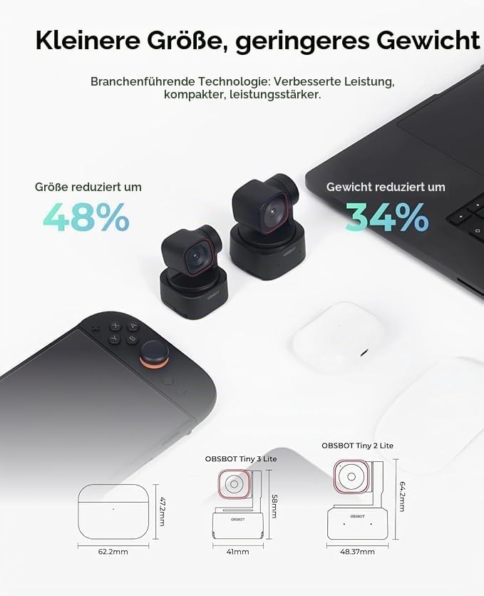 OBSBOT Tiny 3 Lite mit Stativ, 4K-Webcam Spatial Audio,Tri-Mikrofon-Array, PC-Kamera 120 fps HDR, mi