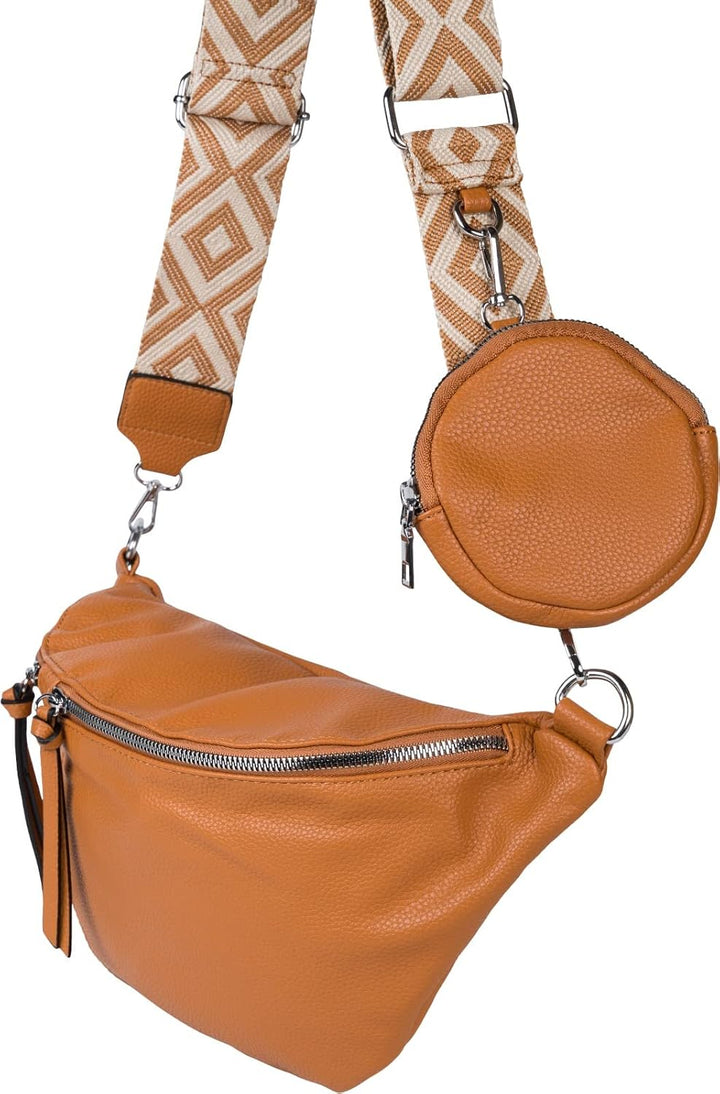 styleBREAKER Damen Halbmond Crossbody Schultertaschen Set 3-Teilig, Schultergurt mit Muster, Schlüss