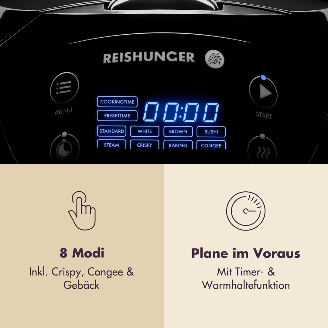 Digitaler Reishunger Mini Reiskocher und Dampfgarer in Schwarz - Warmhaltefunktion, Timer &amp; Premium