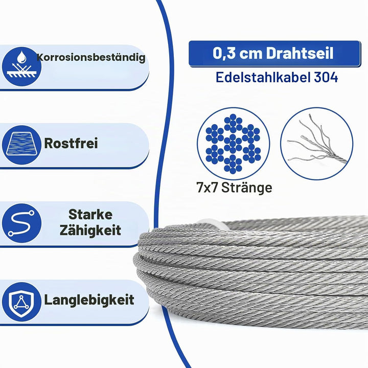 TooTaci 3mm Edelstahlseil Set, 30M/3mm Edelstahl Drahtseil Spanndraht 7×7, M6 Seilspanner Edelstahl