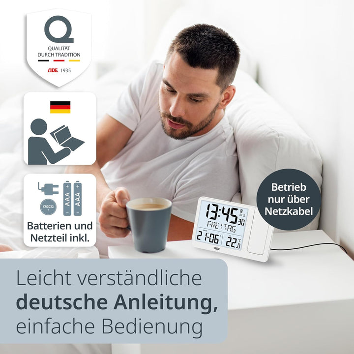 ADE Digitaler Funkwecker mit Projektion und Aussensensor | Projektionswecker mit 2 Weckzeiten | Uhr