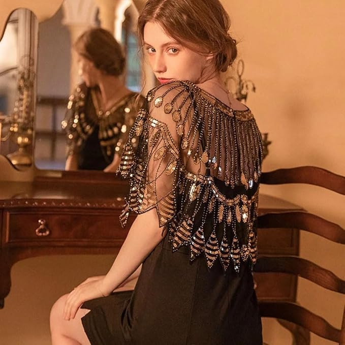 Damen Abend Glitzerschal 1920er Kleid Vintage Cape Elegante Stickerei Netz-Kurzarmpullover Modische