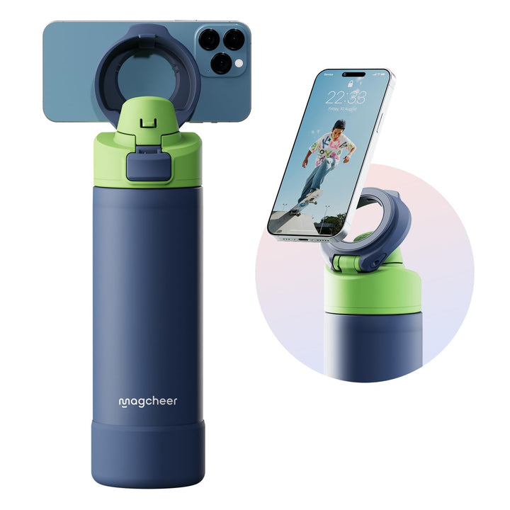 Magcheer Trinkflasche mit Handyhalterung 750ml Magnetische Wasserflasche 360° Verstellbar Flasche Ma