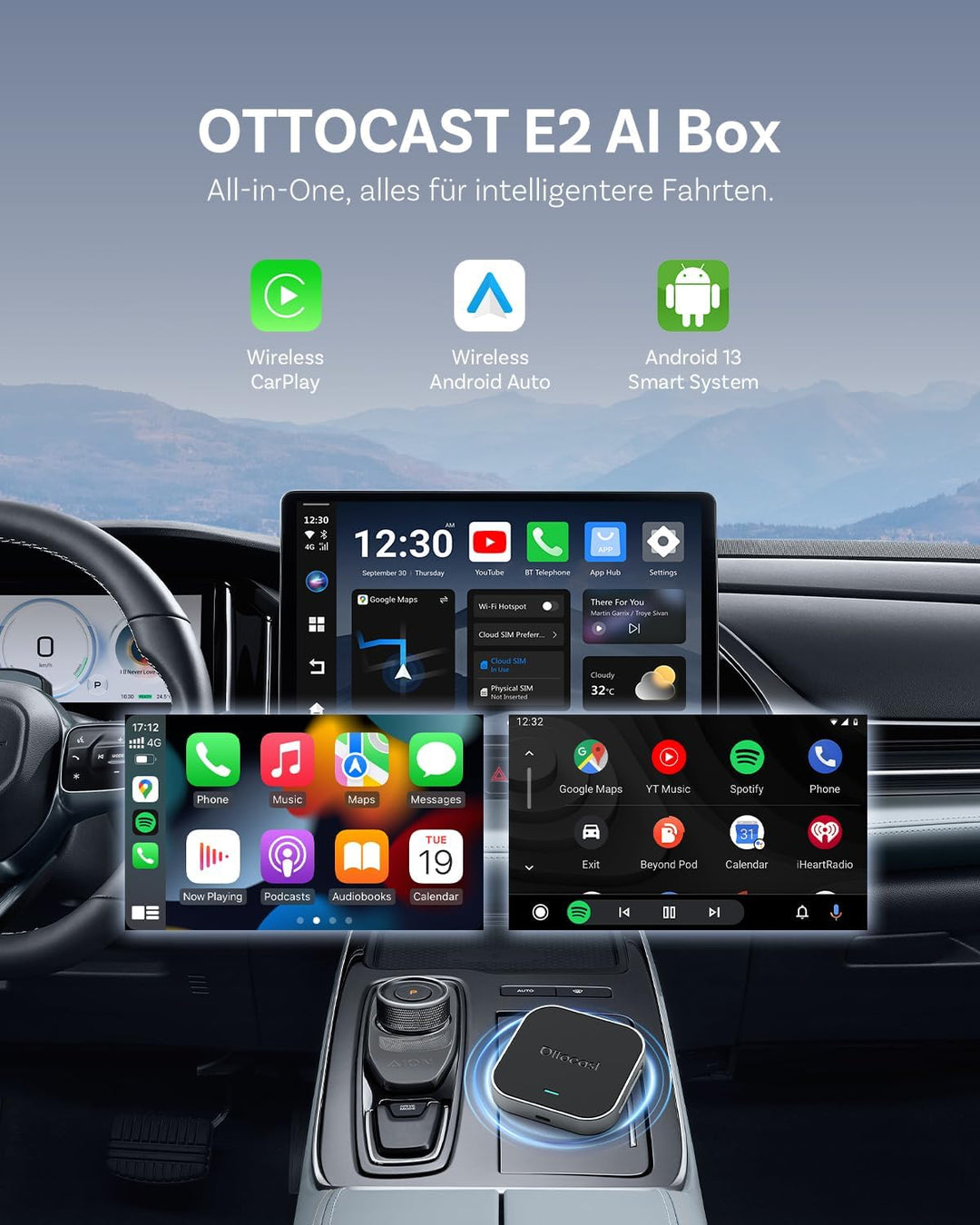 OTTOCAST E2 AI Box, 2026 Upgrade 3-in-1 Wireless CarPlay &amp; Android Auto Adapter, Android 13 Car Mult