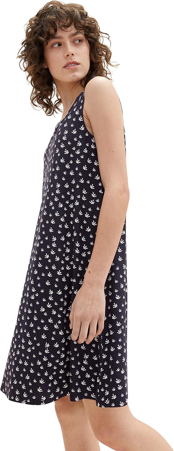 TOM TAILOR Damen Basic Jerseykleid, 32696 - Navy Abstract Leaf Design