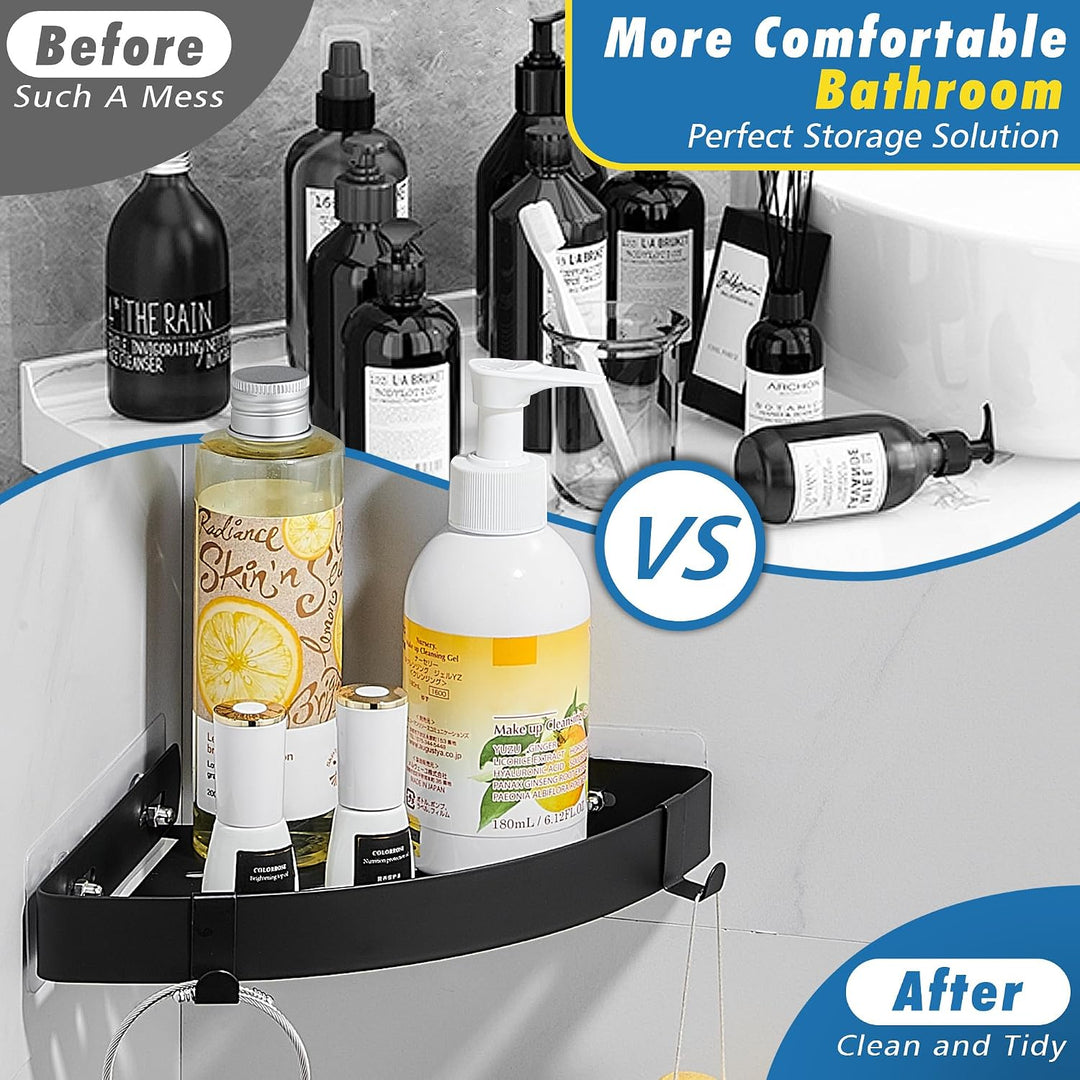 DUFU 2er Set Selbstklebendes Eckregal aus Edelstahl – Ohne Bohren, mit 2 Haken, für Dusche, Shampoo