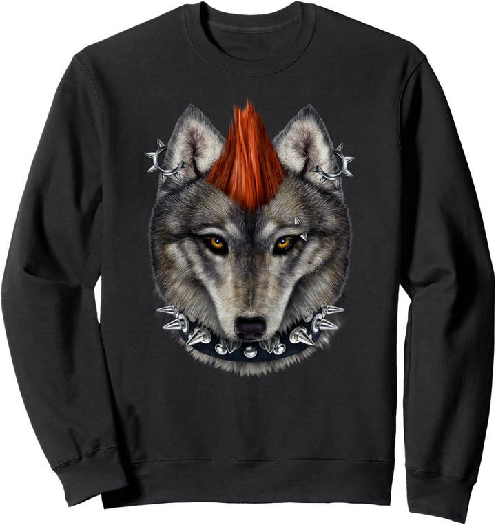 Punkrockgrauer Wolf mit Mohawk und Heavy Metal Make-up Sweatshirt