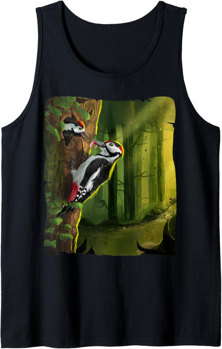 Buntspecht füttert Nachwuchs, Specht Vogel Illustration Tank Top