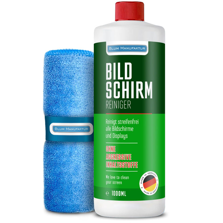Blum Manufaktur 1000 ml Bildschirmreiniger + 30x30 cm Mikrofasertuch Supersoft 365GSM - Screen Clean
