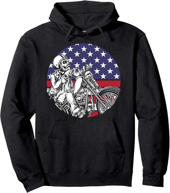 Skeleton Biker Motorrad Kreis Amerikanische Flagge Pullover Hoodie