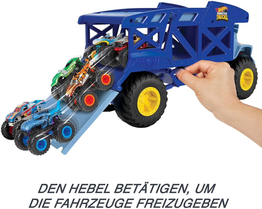 HOT WHEELS Monster Trucks Transporter Nashorn - Schlepper, Platz für 12 Monster Trucks oder 32 Hot W