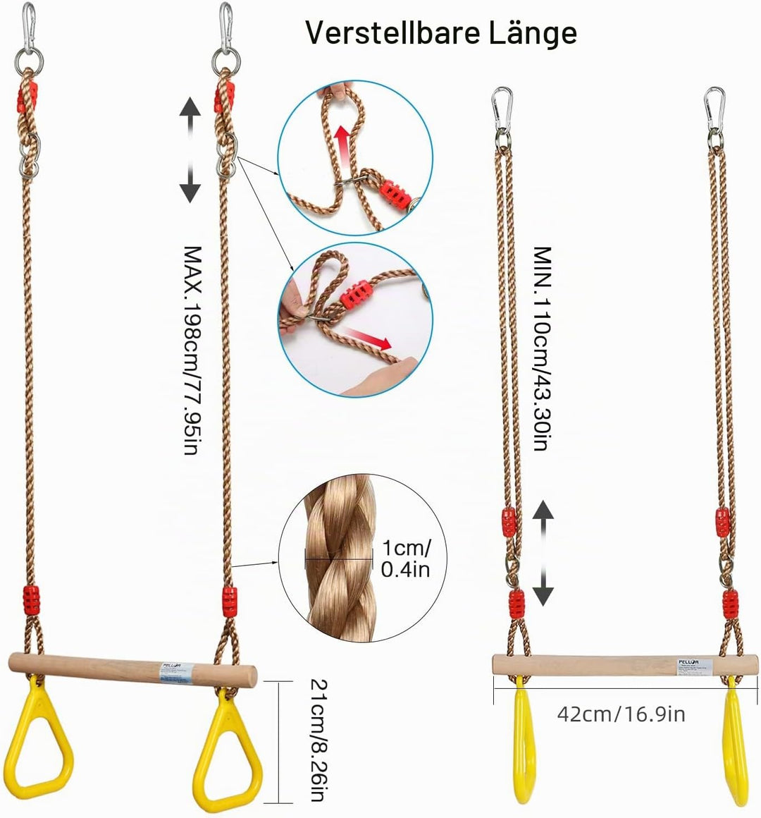 PELLOR Multifunktions Kinderholz Trapeze Schaukel mit Kunststoff Turnringe zum Aufhängen belastbar b