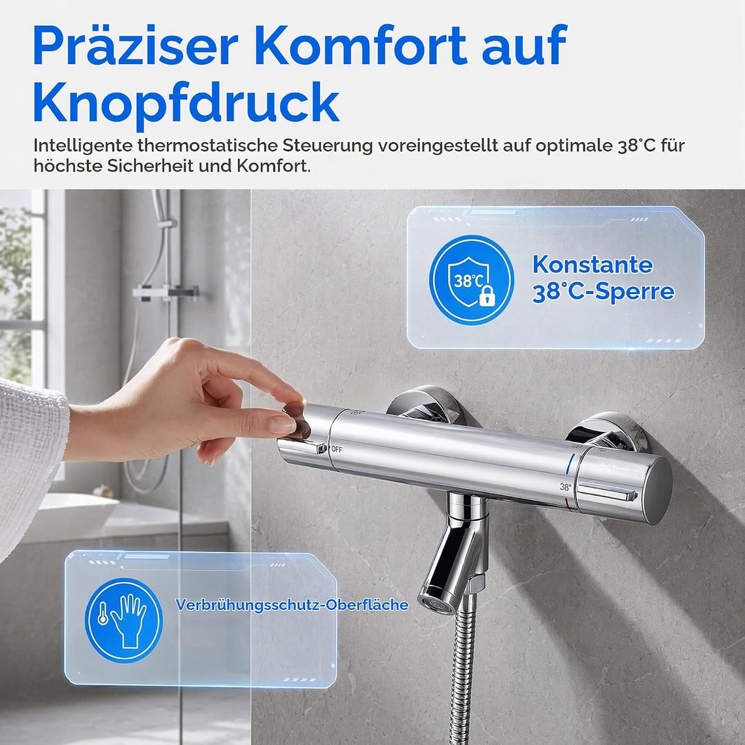 AFUDER Duschthermostat Mischbatterie 38℃ Schwarz Badewannen-Brausethermostat G 1/2" Zwei-Auslauf-Bra