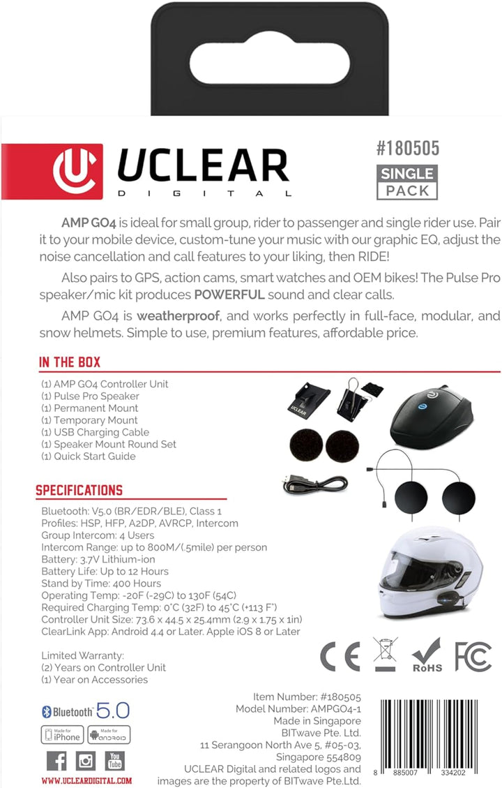 UClear Unisex – Erwachsene AMP Go 4 Helmkommunikationssystem, Schwarz, Einheitsgrösse