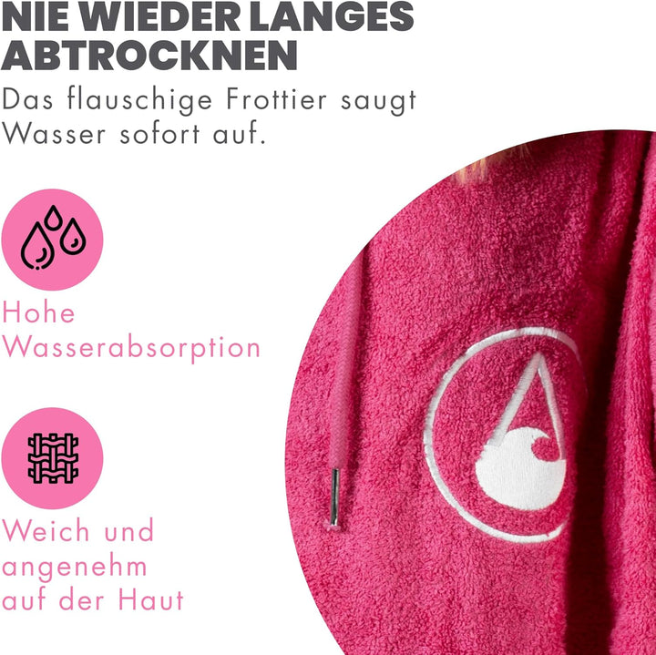 WAVE HAWAII Poncho Pink Wave Surfponcho 100% Baumwolle für Körpergrössen von 145-175 cm Umkleidehilf