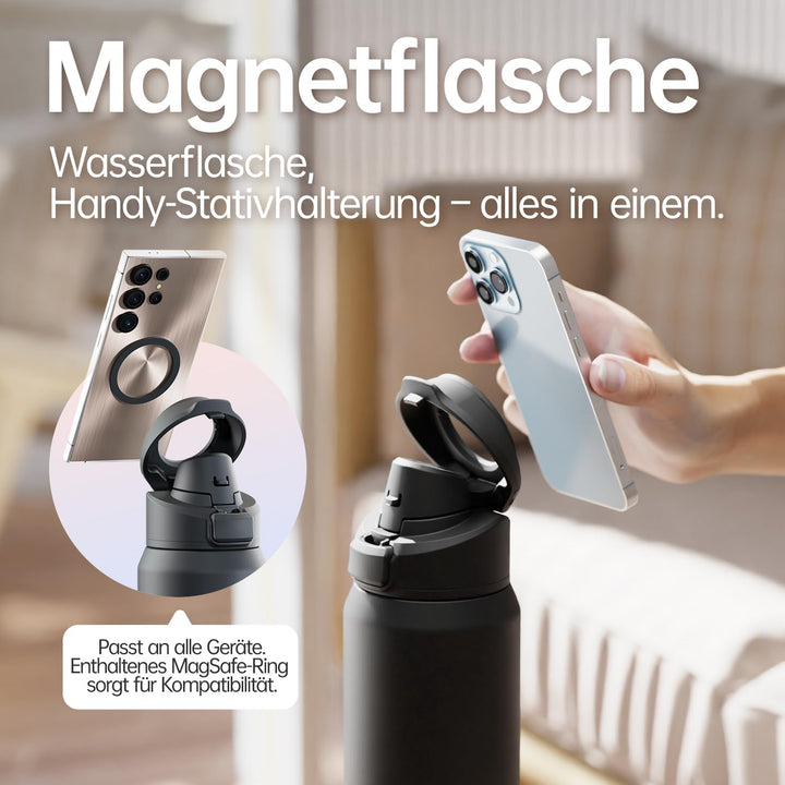 Magcheer Trinkflasche mit Handyhalterung 1L Magnetische Wasserflasche 360° Verstellbar Flasche Magne