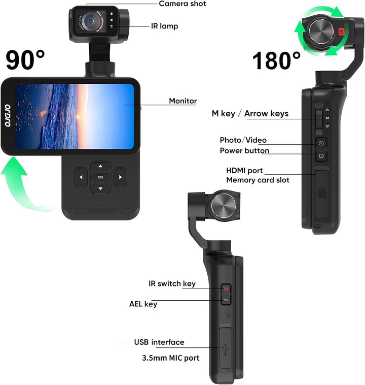 ORDRO M5 3-Achsen-Stabilisierung Videokamera 5K, Vlogging-Kamera mit 3.5" Flip Bildschirm 120° Sicht