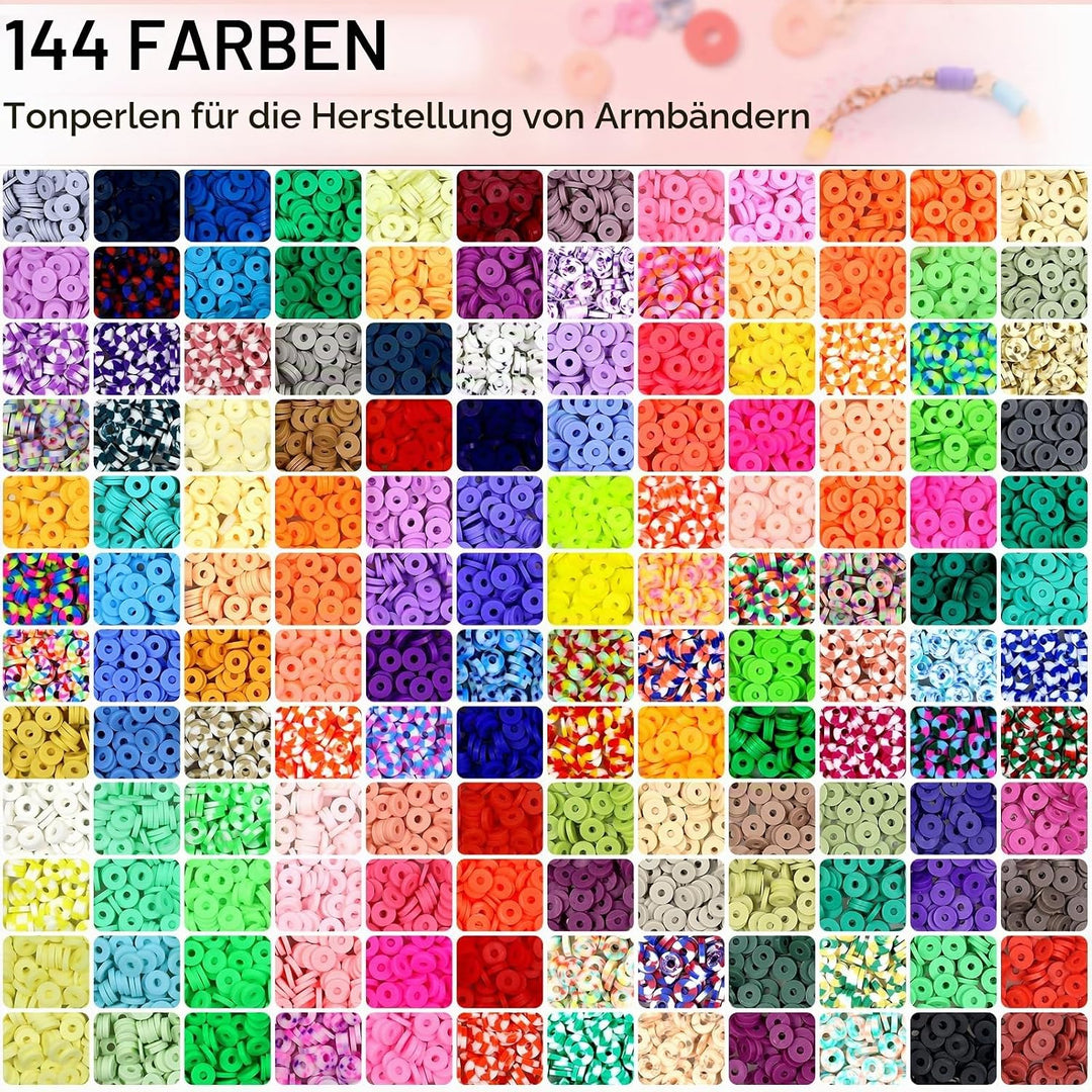 BIBOKLTIY 144 Farben Perlen zum Auffädeln, 6mm Polymer Clay Perlen Set mit Buchstabenperlen, Heishi