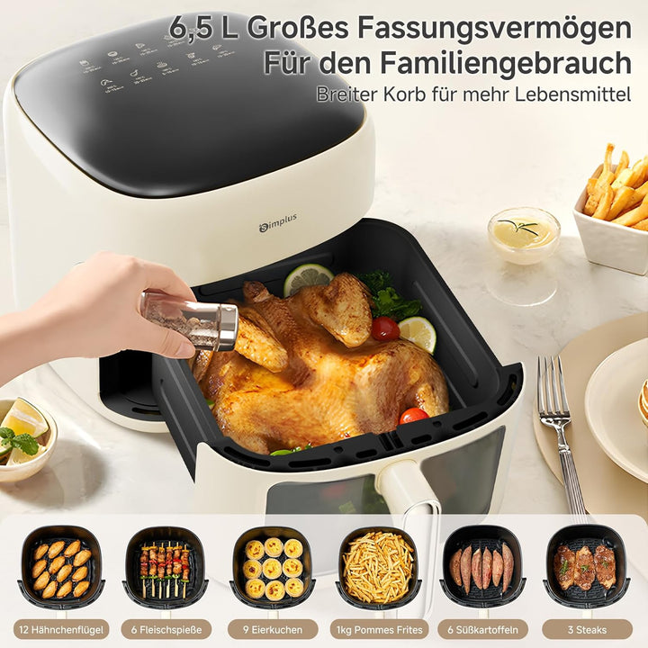 SIMPLUS Heissluftfritteuse 6,5 L, Airfryer XL mit Sichtfenster, 1500 W, extra schlankes Design, Touc
