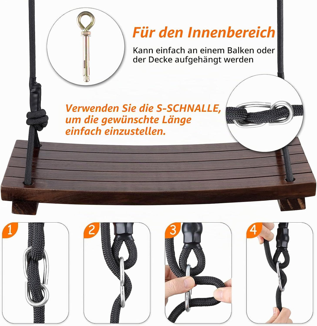 PELLOR Holzschaukelsitz, Antikorrosive Holzschaukel Baumschaukeln aus karbonisiertem Buchenholz mit