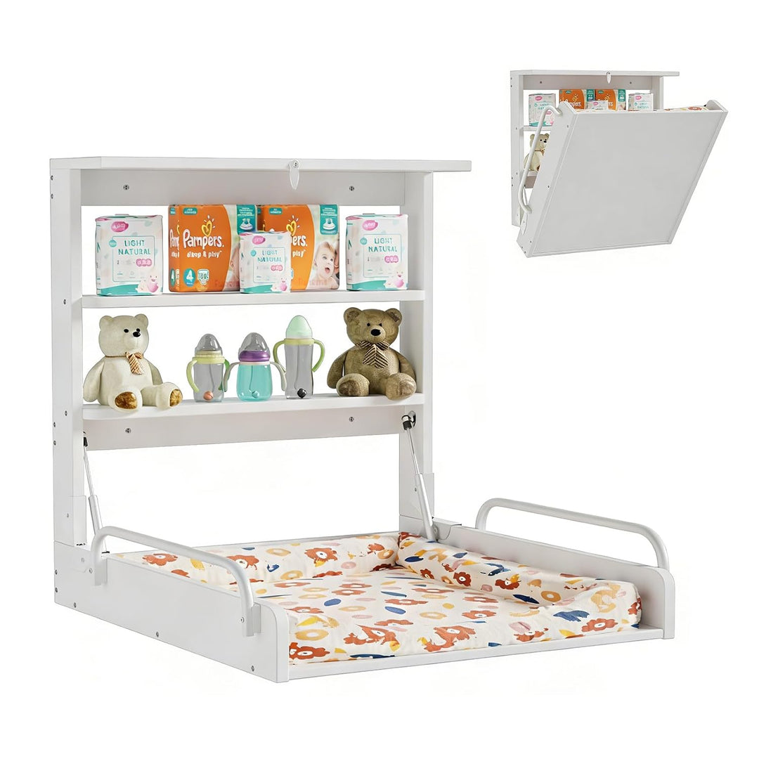 MSFE Wickelkommode Wickeltisch Klappbar, Baby Changing Table Wandwickeltisch mit 3 Regalfächern, Wic