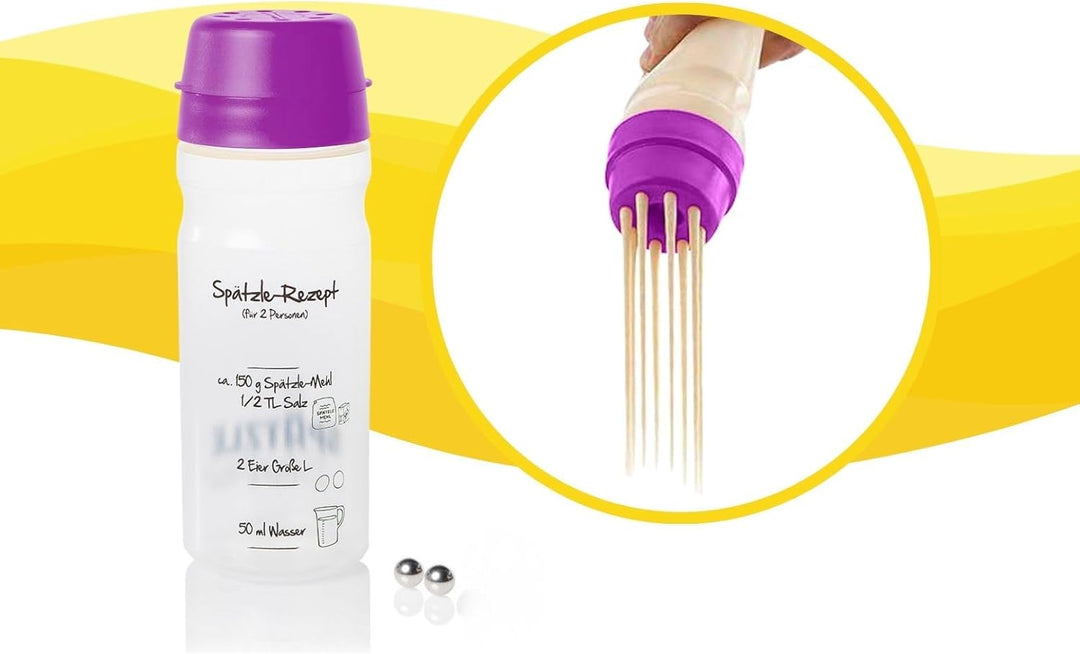 Spätzle-Shaker (LILA) für 2 Portionen selbstgemachte Spätzle (675ml) Spätzlepresse und Mixer in eine